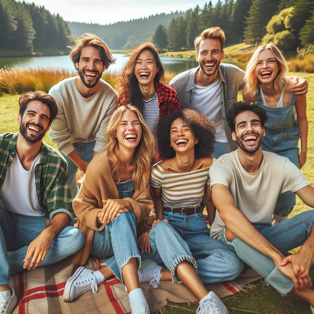 DALL·E 2024-05-11 13.18.19 - A photo of several people enjoying a happy moment together in nature. The group consists of diverse individuals, laughing and smiling, surrounded by a